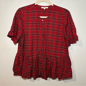 Madewell Red Ruffle-Hem Clanton Plaid Button Up Short Sleeve Blouse Size Medium